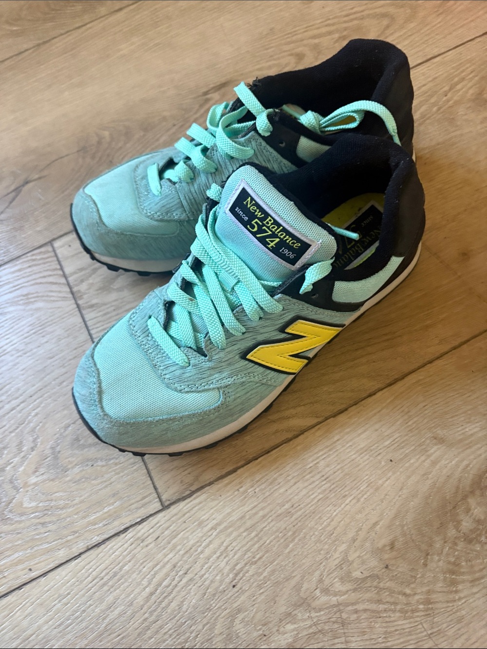 New Balance Kids 574 Mint Green with Yellow 'N' Accent Sneakers